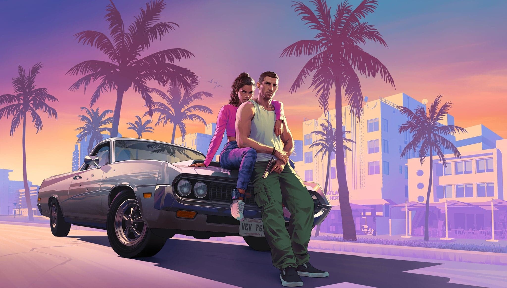 Protagonistas de GTA 6 apoyados en un coche en Vice City